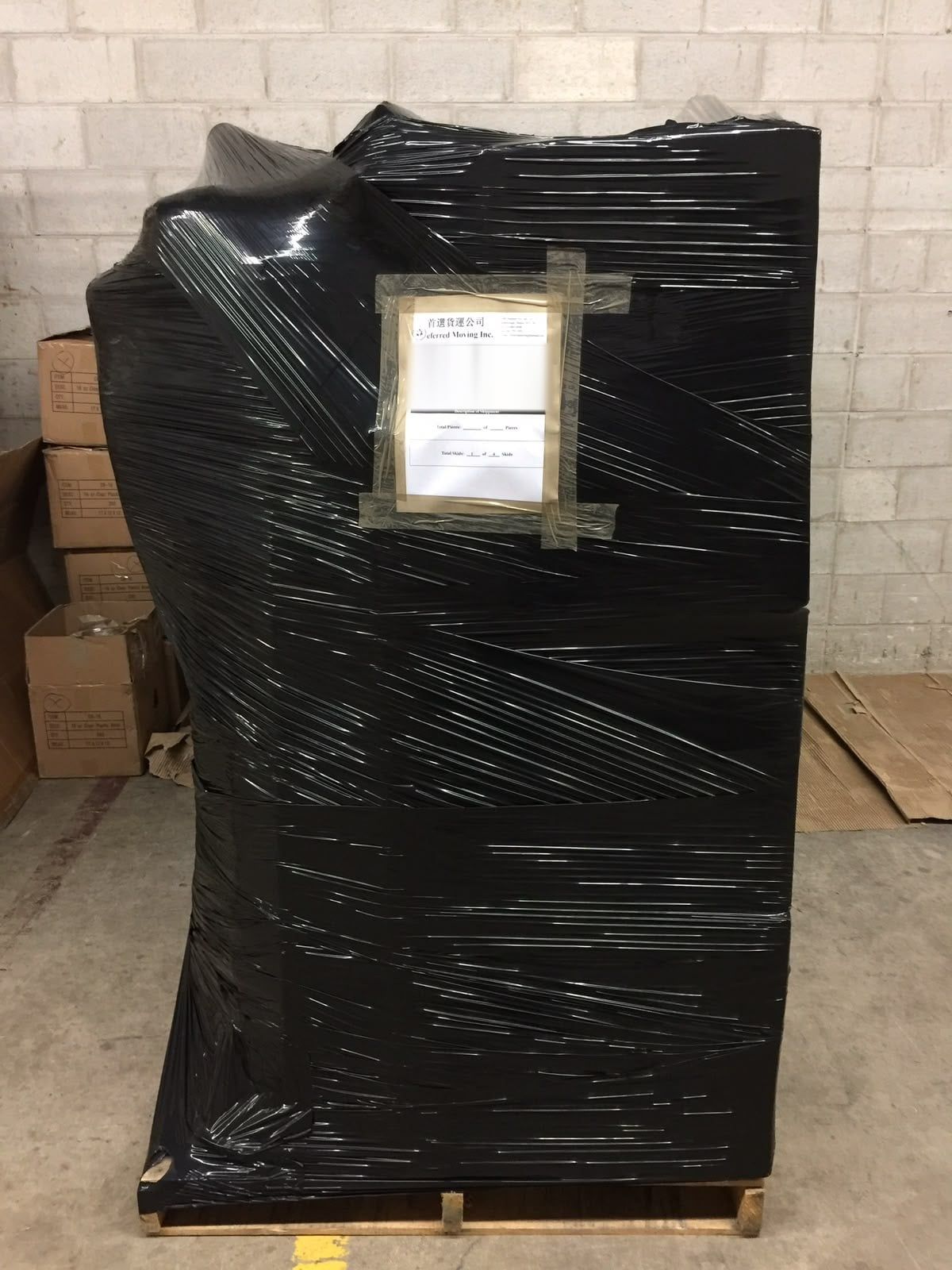 A wrapped skid with our label, counted and ready for storage